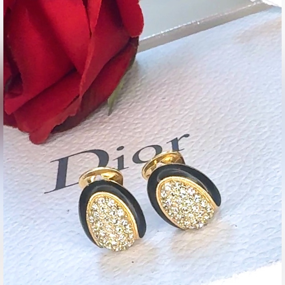 Christian Dior Vintage 1980s Oval Whole Crystals Black Gold Clip On Earrings - Picture 3 of 9